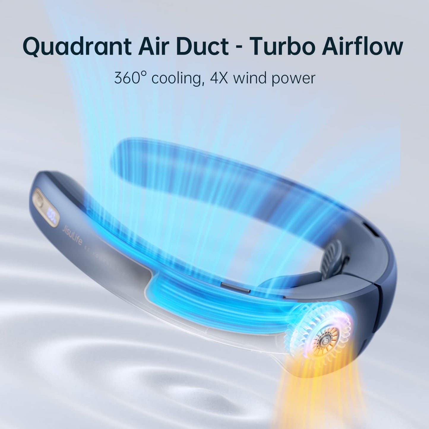 JISULIFE Portable Neck Fan Pro with 100 speeds, bladeless design, portable fan, stepless button, LED display, rechargeable personal 5000mAh in blue.
