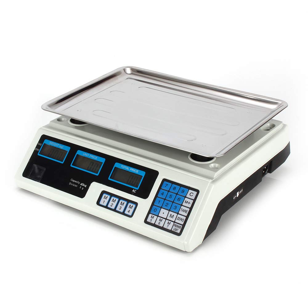 Price Computing Scale (40 kg / 5 g) Stainless Steel Scale with LCD Display Battery Water level function Battery operated Digital - Price Scale Package Scale Kitchen Scale Digital Scale - Color WHITE