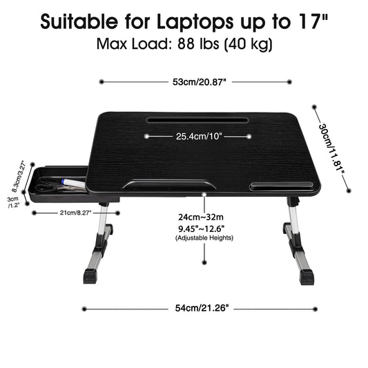 AirOpen laptop desk for bed, height adjustable, angle adjustable, folding bed table with drawer, tablet stand, laptop table for bed, sofa, couch, floor (53 x 30 cm, black)