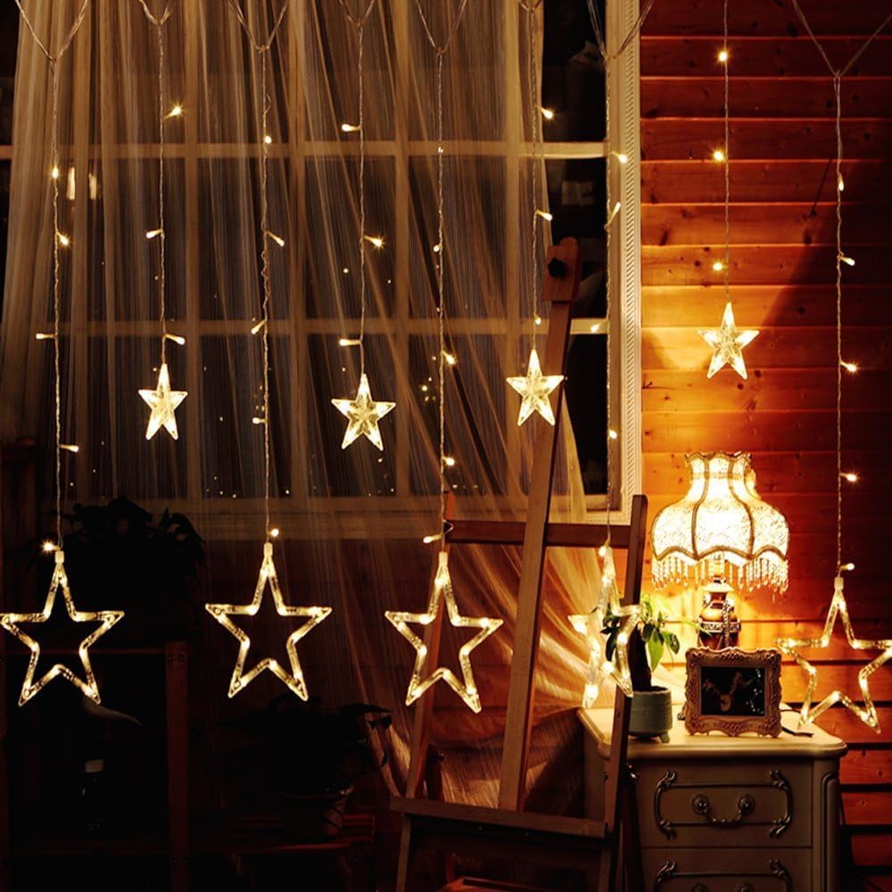 Avoalre curtain lights with 12 stars, 2 meters long, 138 LED star curtain lights can be expanded (up to 21 sets), star curtain lights for windows Christmas decoration, 8 modes warm white string lights.