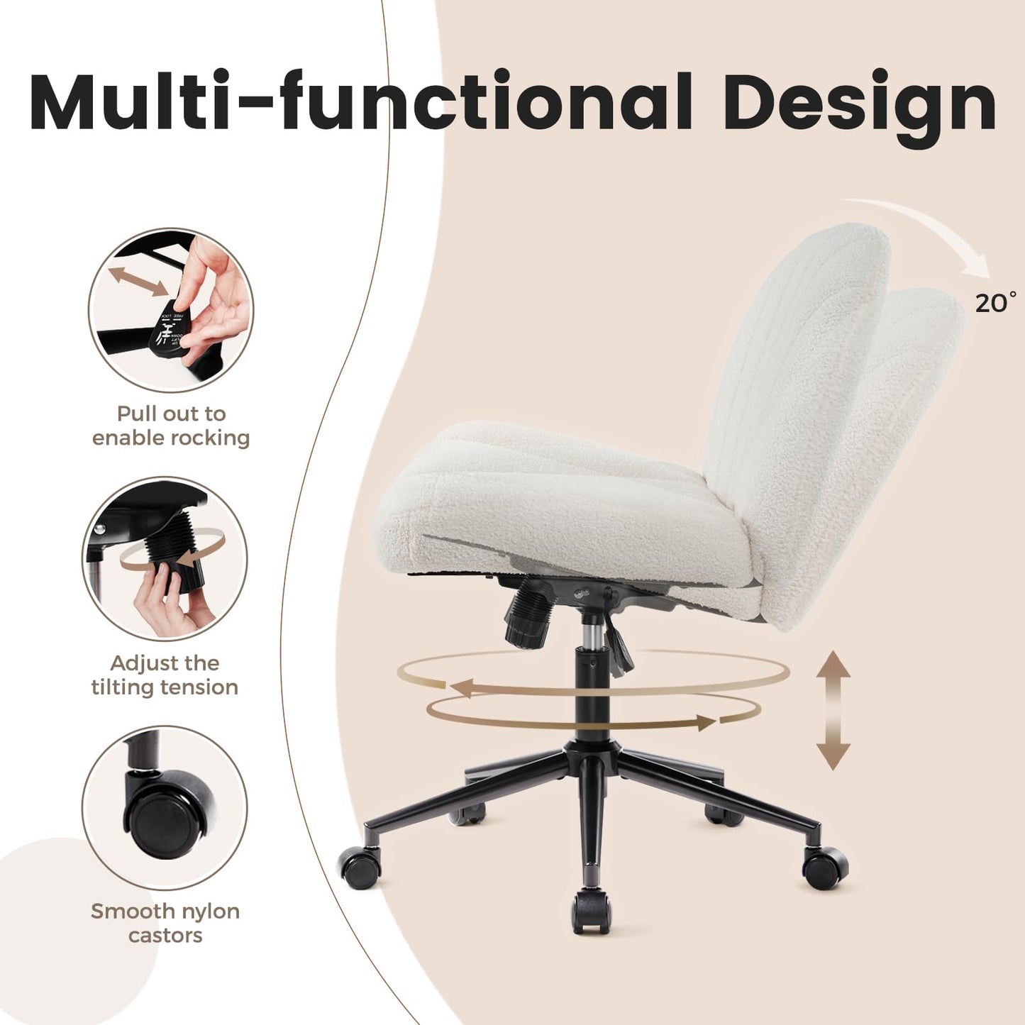 IWMH office chair without armrests, height-adjustable swivel chair with casters, desk chair with fabric upholstery, ergonomic chair, reading chair with wider cushion for cross-legged sitting (White)
