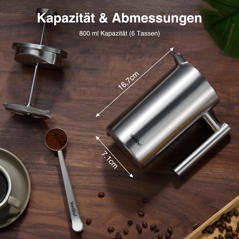 From the VonShef Stainless Steel French Press for 6 cups, 800ml - Double-walled coffee maker with measuring spoon/bag sealer, dishwasher-safe French Press thermos with plunger.