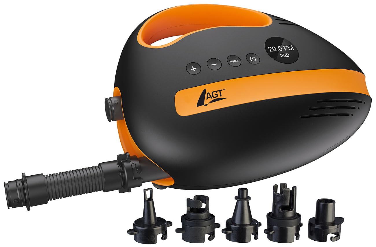 AGT SUP Battery Pump: Battery-operated air pump for SUP boards, 350 l/min, 3X 4,000 mAh, USB, 12V (Accu pump for compressor, electric)