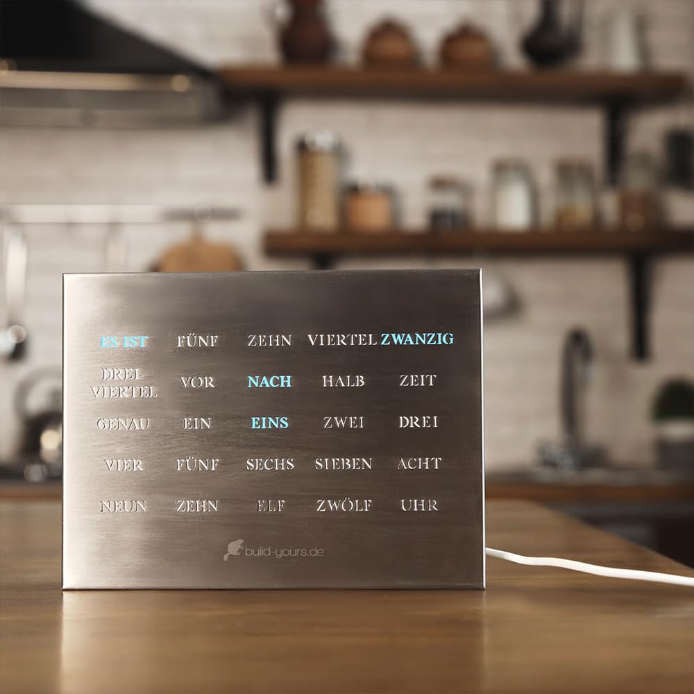 build-your-own BoxClock Stainless Steel - The word clock for your desk - LED desk clock - Elegant office clock made of brushed stainless steel