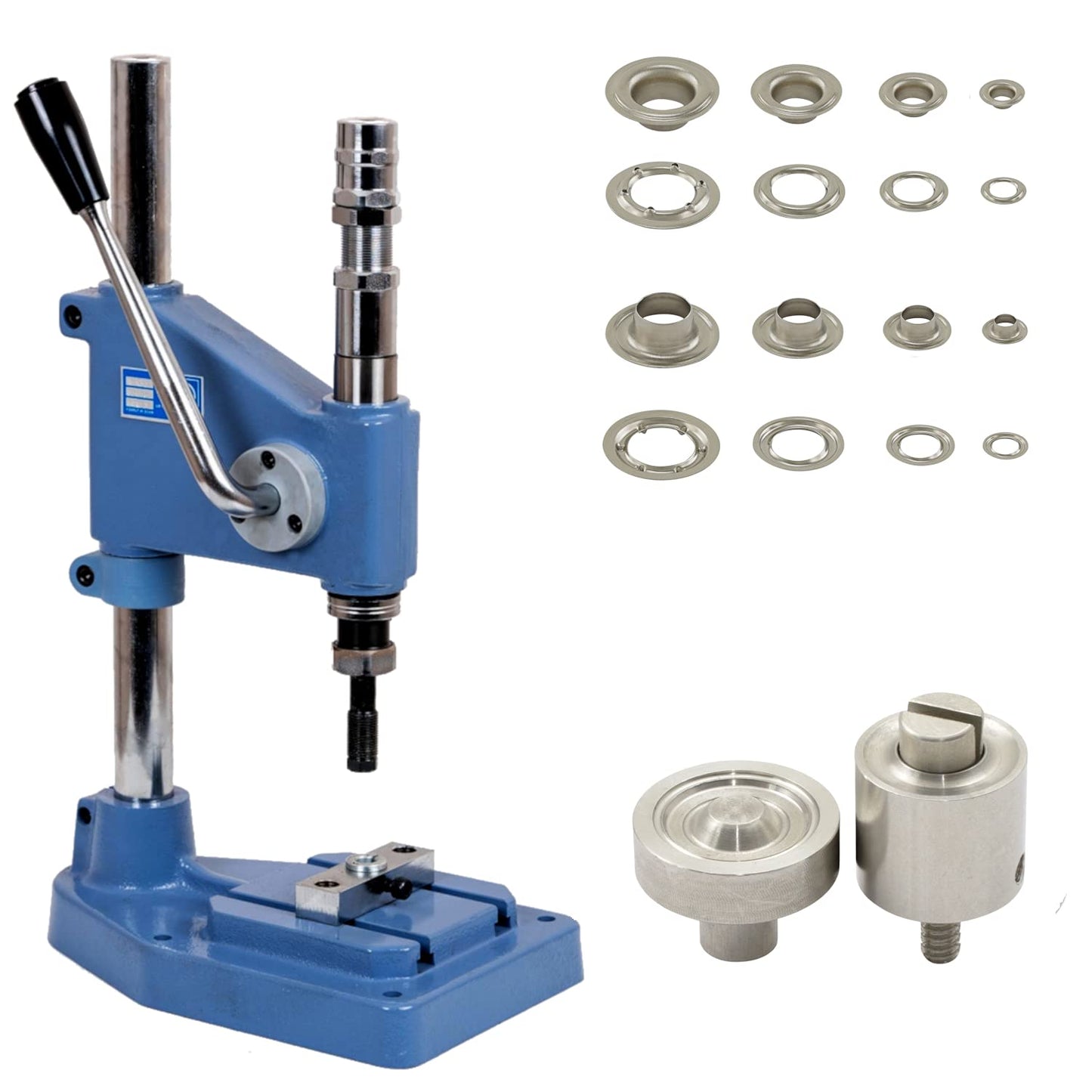 GETMORE Parts eyelet press set consisting of spring punch press + eyelet tool + 500 pieces of eyelets according to DIN 7332, brass, silver nickel-plated, 12 mm