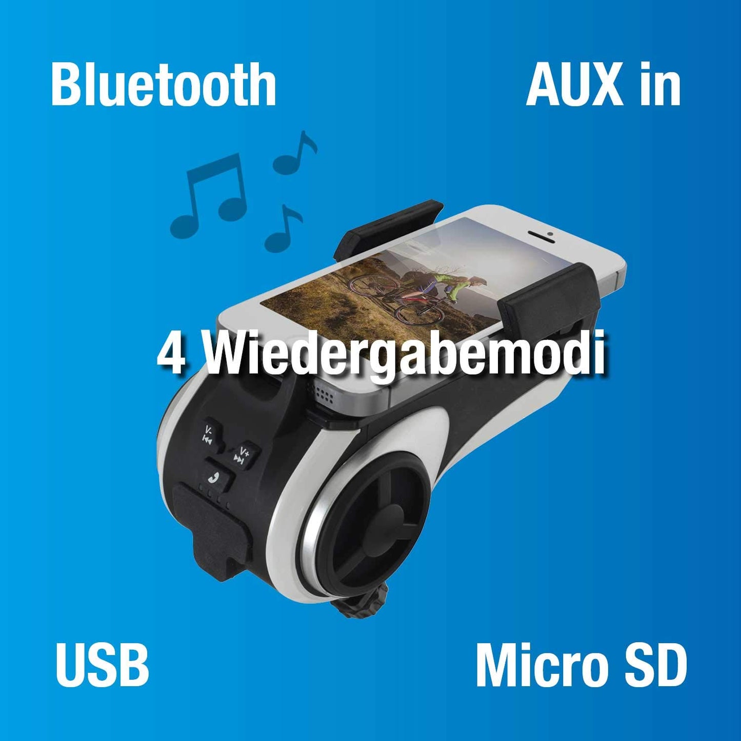FISCHER smartphone holder with music box and power bank for bicycles, universal holder for smartphones with 50 - 90 mm width.