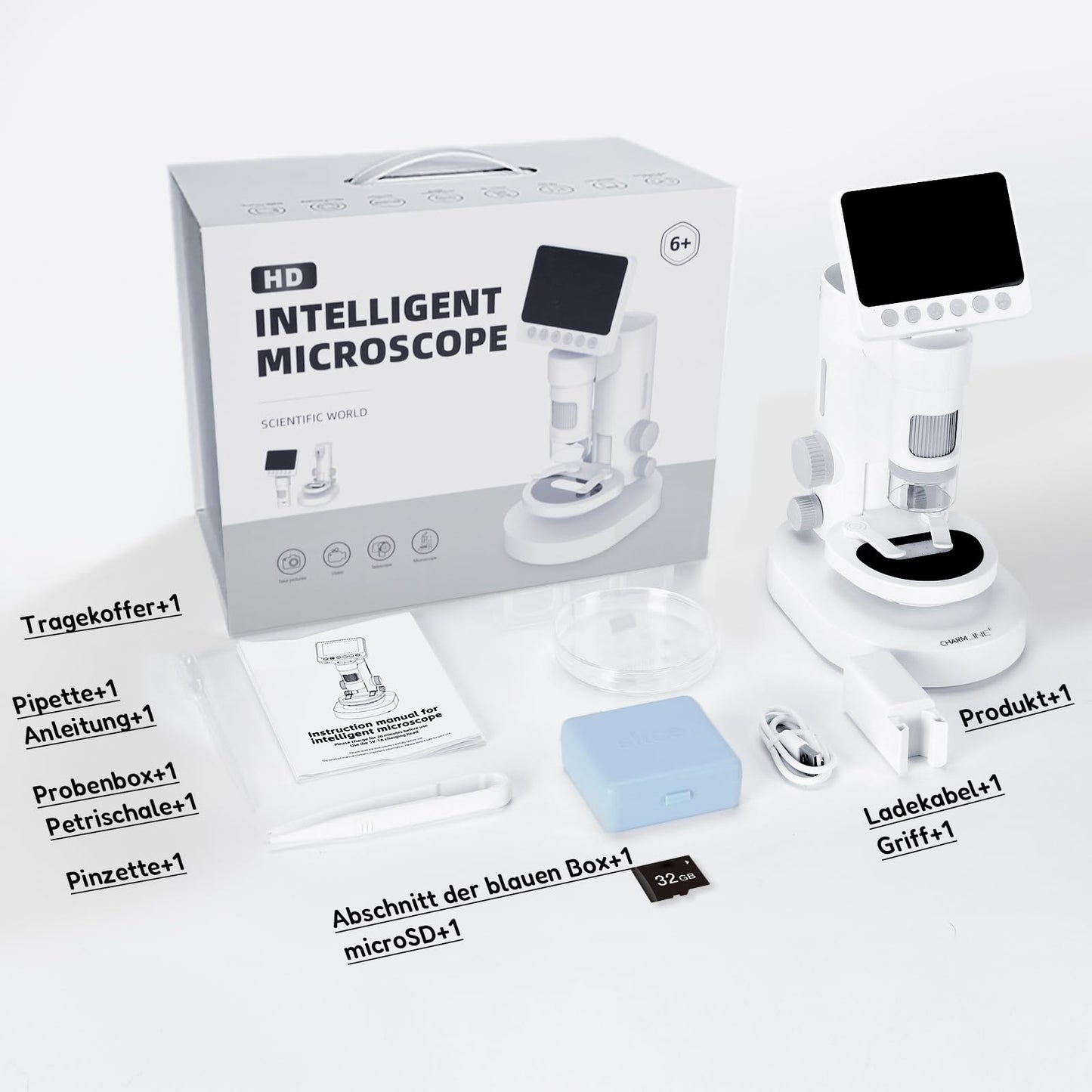 Digital microscope for kids, 100X-1000X magnification, portable microscope for children with photo and video recording, includes 32GB SD card, suitable for kids aged 6 and up.