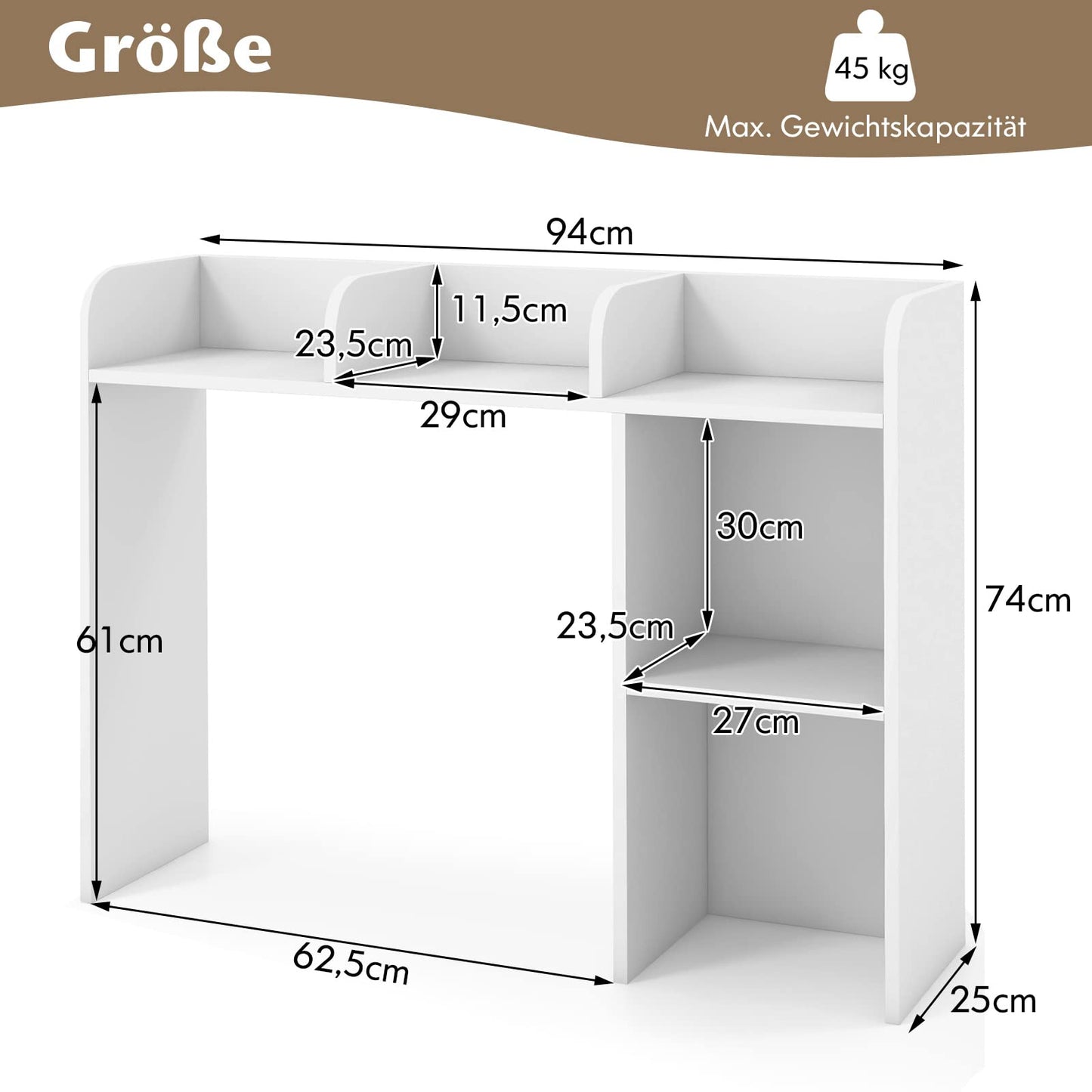COSTWAY Desk Shelf, Table Shelf with 4 Shelves and Open Compartment, Storage System, Multi-Purpose Desk Organizer for Desk, 94 x 25 x 74 cm (White)