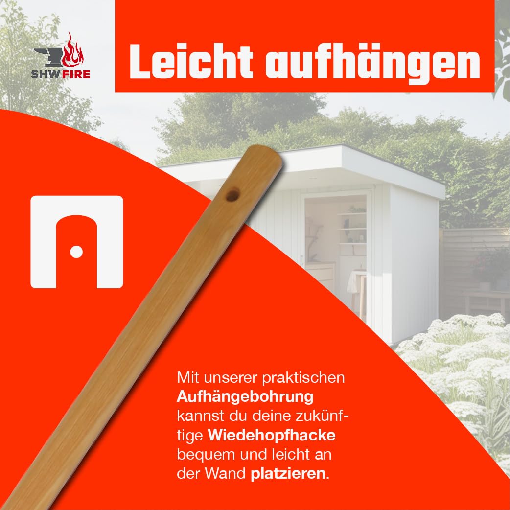 SHW-FIRE | Small woodpecker hoe with wide blade, hand-forged special steel, 135 cm ash wood handle, garden hoe as garden tool & root remover - Hoe with handle | Made in Germany