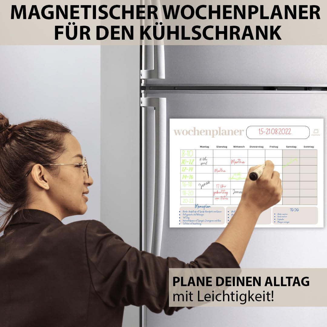 Organizely Magnetic Weekly Planner | Whiteboard for Fridge | Erasable Board for Organization | Includes 4 Markers & 10 Magnetic Wood Icons (Beech)
