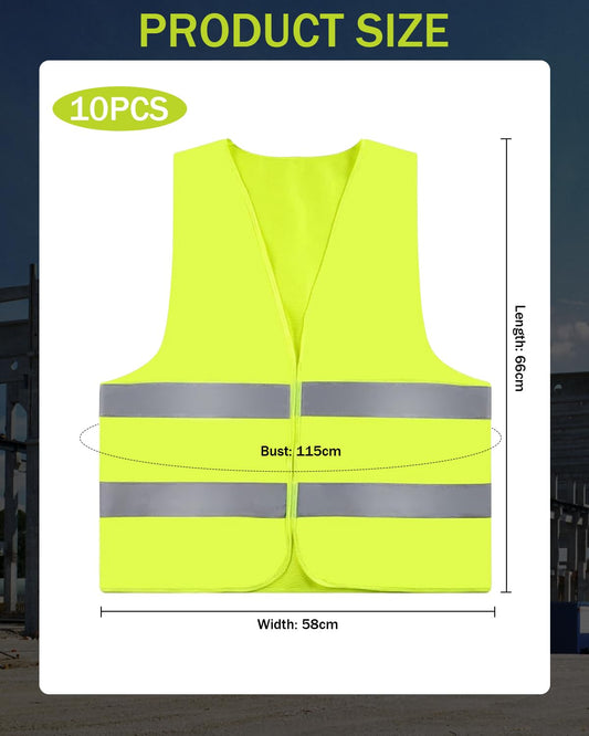 ZephyrCraft 10-pack of Yellow Safety Vests for Adults & Kids, Reflective High Visibility Vests for Cars, a must-have for biking & motorcycling safety.