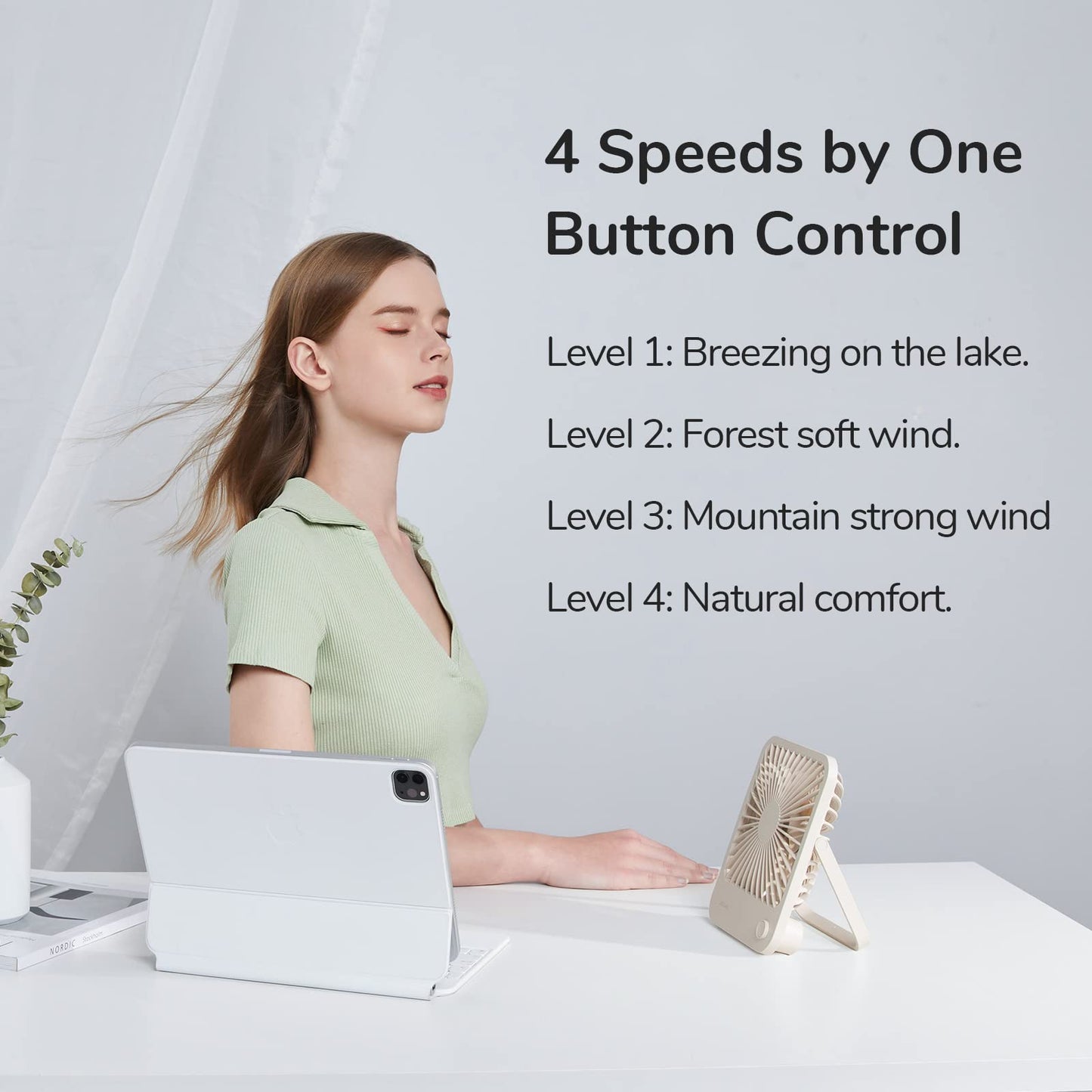 JISULIFE Table Fan Quiet, Mini Fan Battery Rechargeable, 180° Foldable Portable Fan Small, 4 Speeds Adjustable For Home Office Travel- Brown