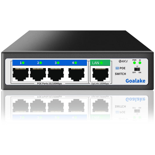 Goalake Unmanaged PoE+ Switch 5 Port (4×PoE+ 802.3af/at, 1×Uplink) – 52W total power, 100Mbps, AI Extended 250m – Ideal for IP cameras, Access Points – Desktop/Wall mount, Plug & Play.