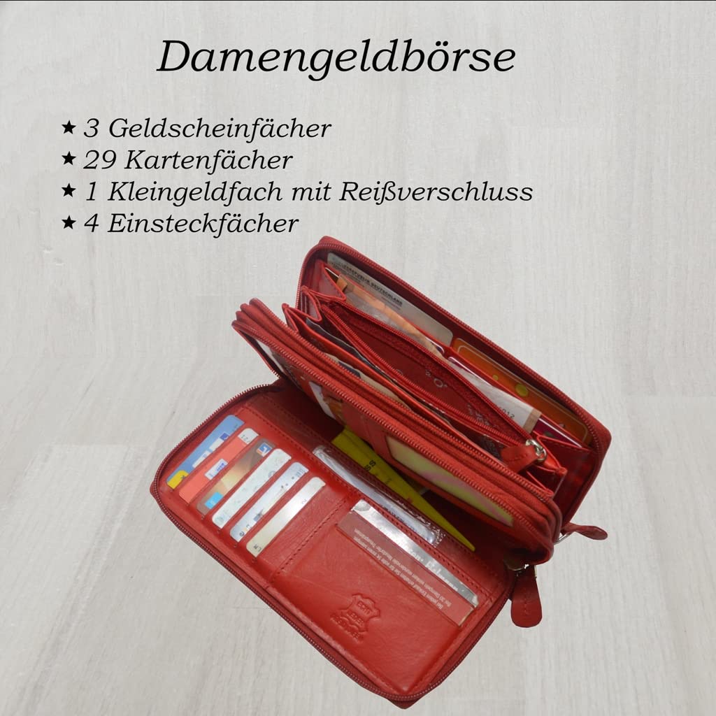 flevado XL wallet Large women's genuine leather wallet with plenty of storage space and room for 29 cards (light red)