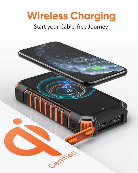 Hiluckey Wireless Solar Power Bank 26800mAh is a waterproof solar charger with USB C port and 4 outputs. It is perfect for charging smartphones, tablets, and more.