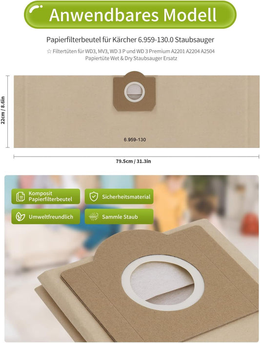 15 pieces of vacuum cleaner bags for Kärcher 6.959-130.0 paper filter bags, filter bags for WD3 1629 MV3 A2201/2204/2504/2554/2251/2604 vacuum cleaner bags filter bags paper bags