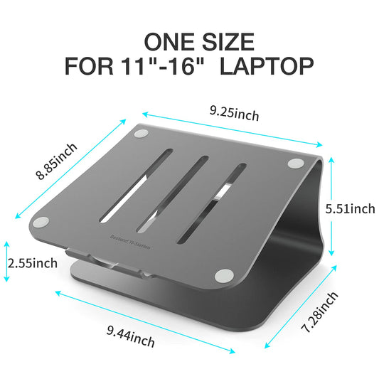 Laptop stand, aluminum notebook holder, heat vent for MacBook Air/Pro, Dell, HP, Lenovo, Microsoft Surface, Samsung 11-16 inch notebooks, gray (patented)