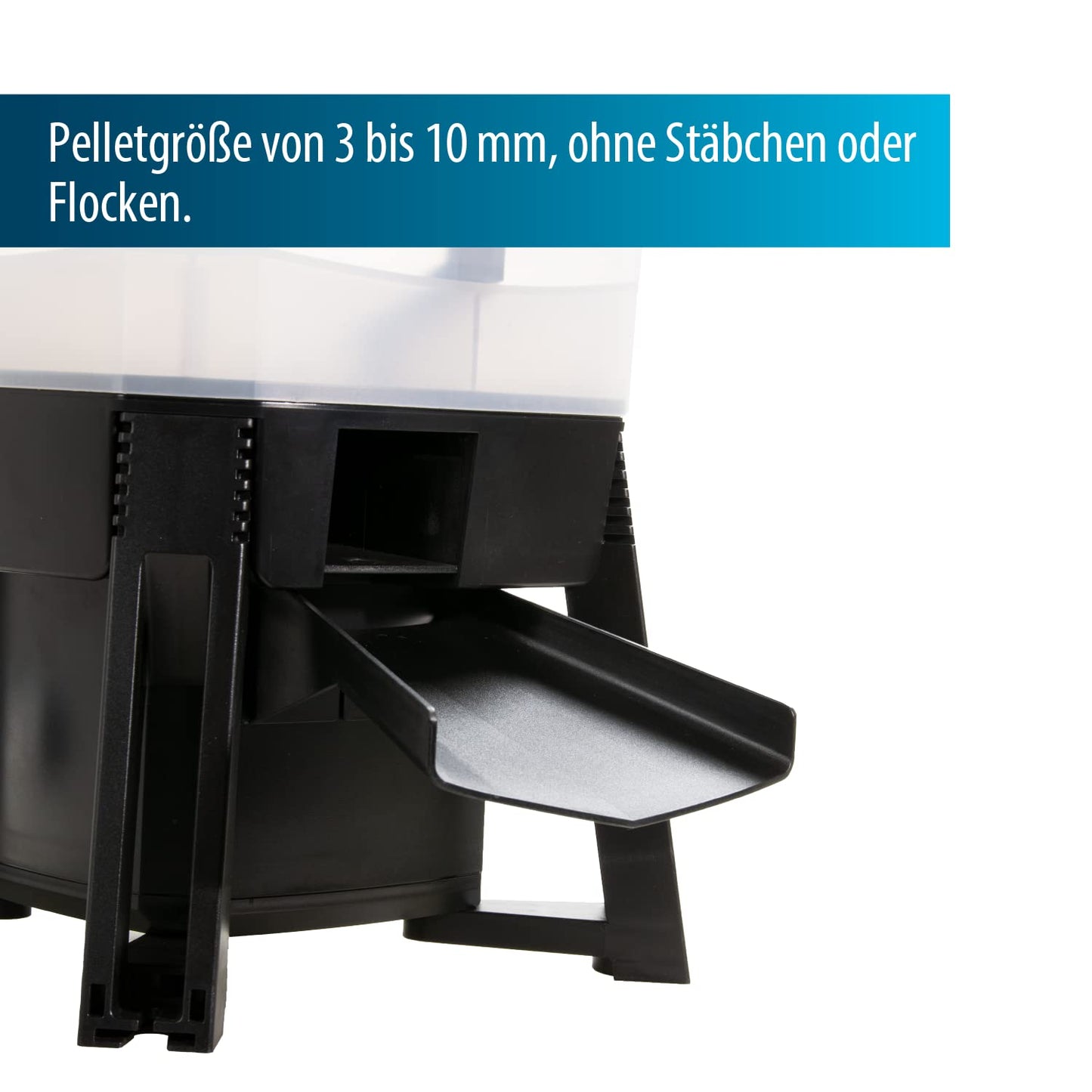 AquaForte Fishfeeder 6 liter Solar, 1-6 feedings/day, feeding time up to 20 sec, pellet size 3-10 mm, ejection range ± 1, 2 or 3 m, distribution angle: 120° horizontal, incl. solar panel.