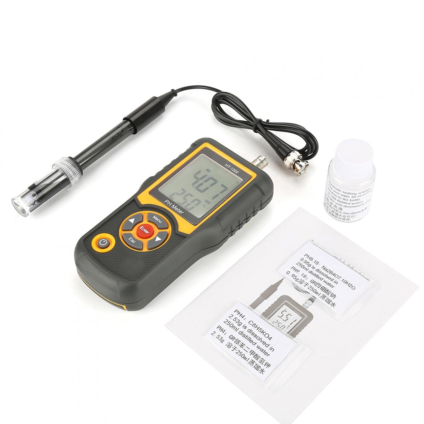 Digital PH meter HT-1202 0.05 pH High-precision water quality tester, PH mV tester temperature meter 0~14 PH with black housing for water sources, schools, laboratories, pharmacies.