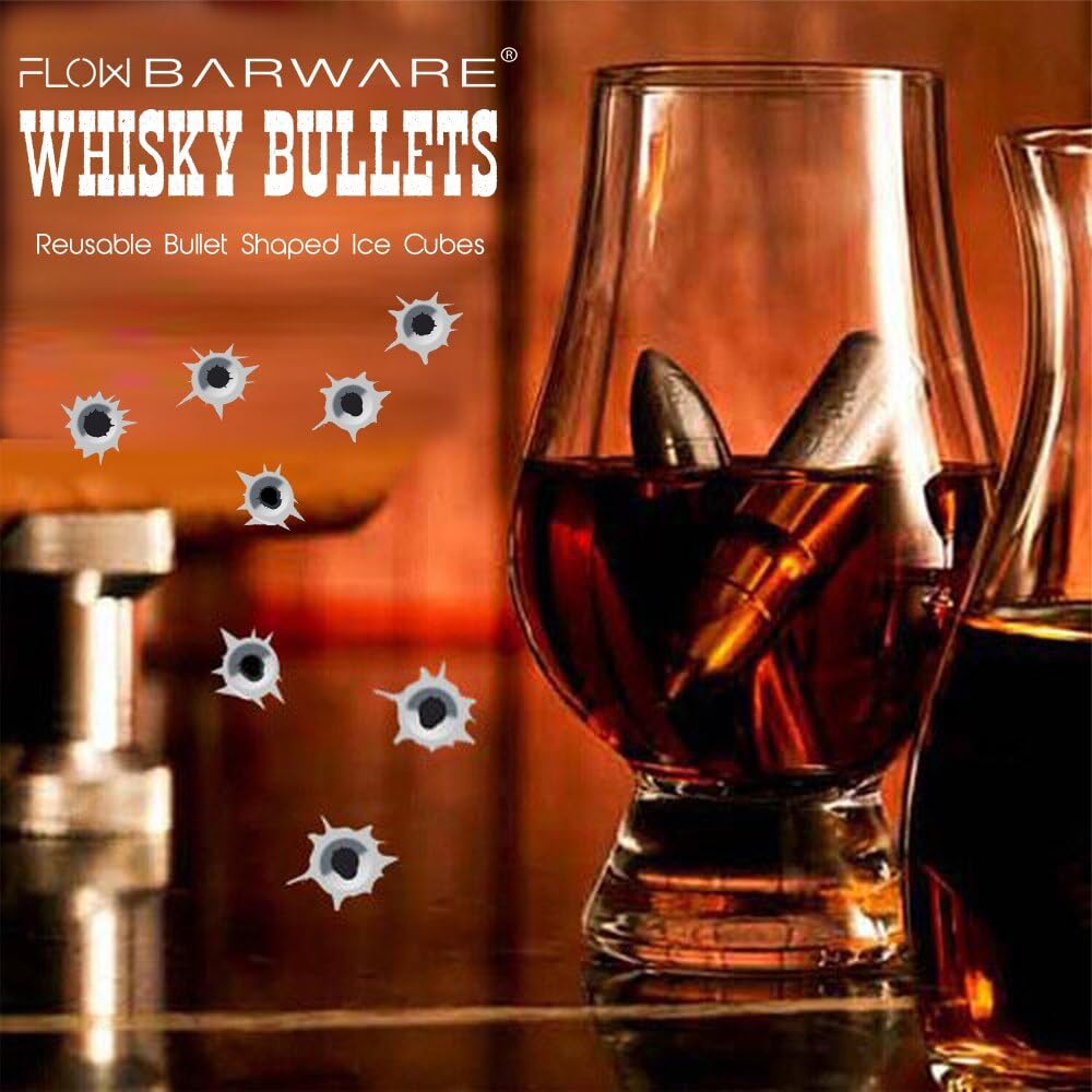 Flow XL Whiskey Bullets with Ammo Holder Stainless Steel Whiskey Stones Reusable Metal Ice Cube Tray Gift for Men Whiskey Accessories Silver