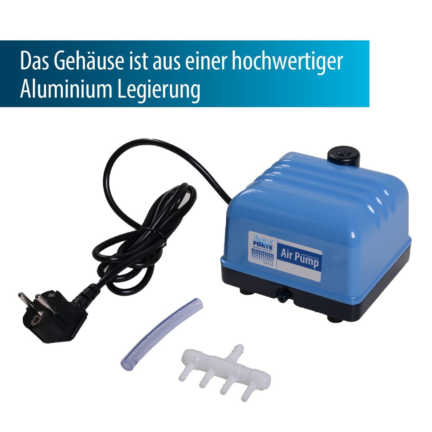 AquaForte Hi-Flow V-30 air pump, aluminum housing, quiet and powerful, 25 Watt power, capacity of 7 liters per minute at 2 meters, maximum pond capacity of 18 m3, non-adjustable.