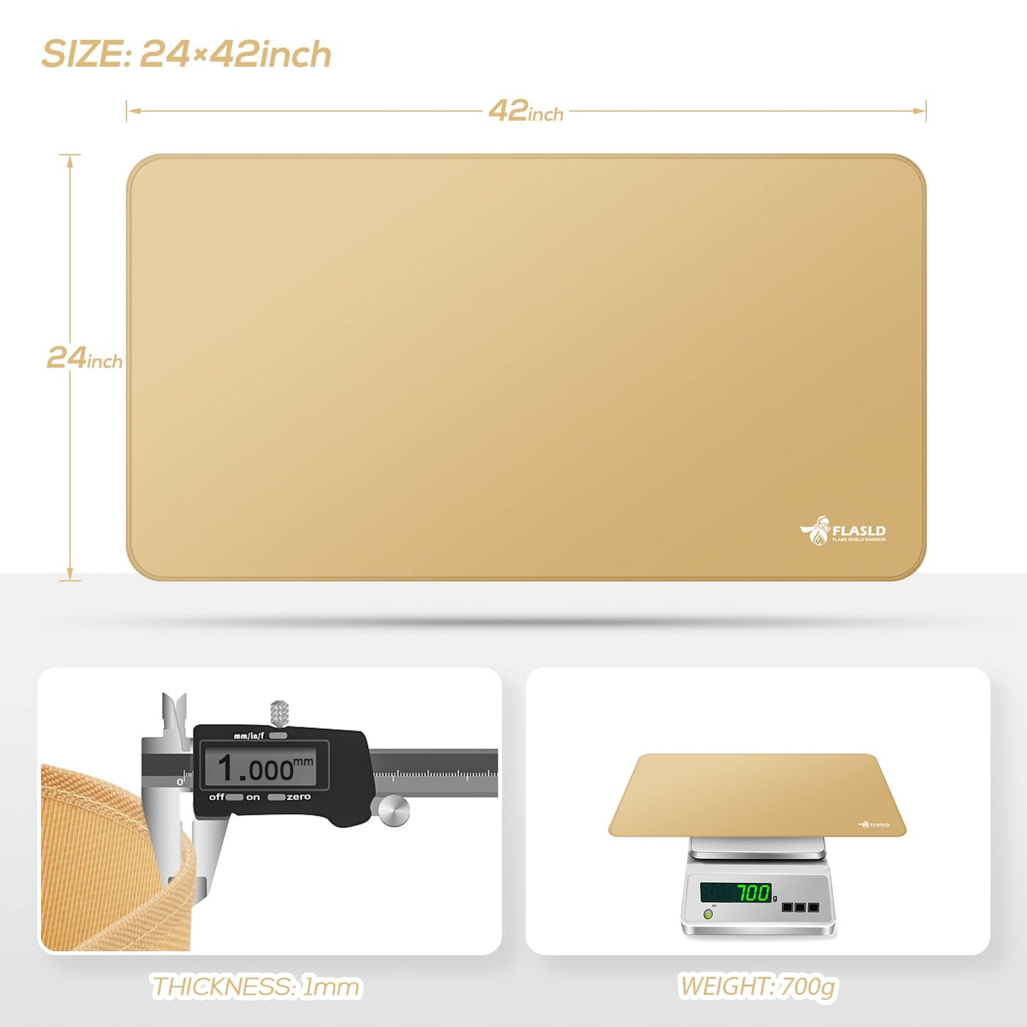 FLASLD Fireproof Carpets for fireplace, grill, and stove, 61 x 106 cm under the grill, protective cover and patio mat, easy to clean and reusable fire pit mat, Khaki.