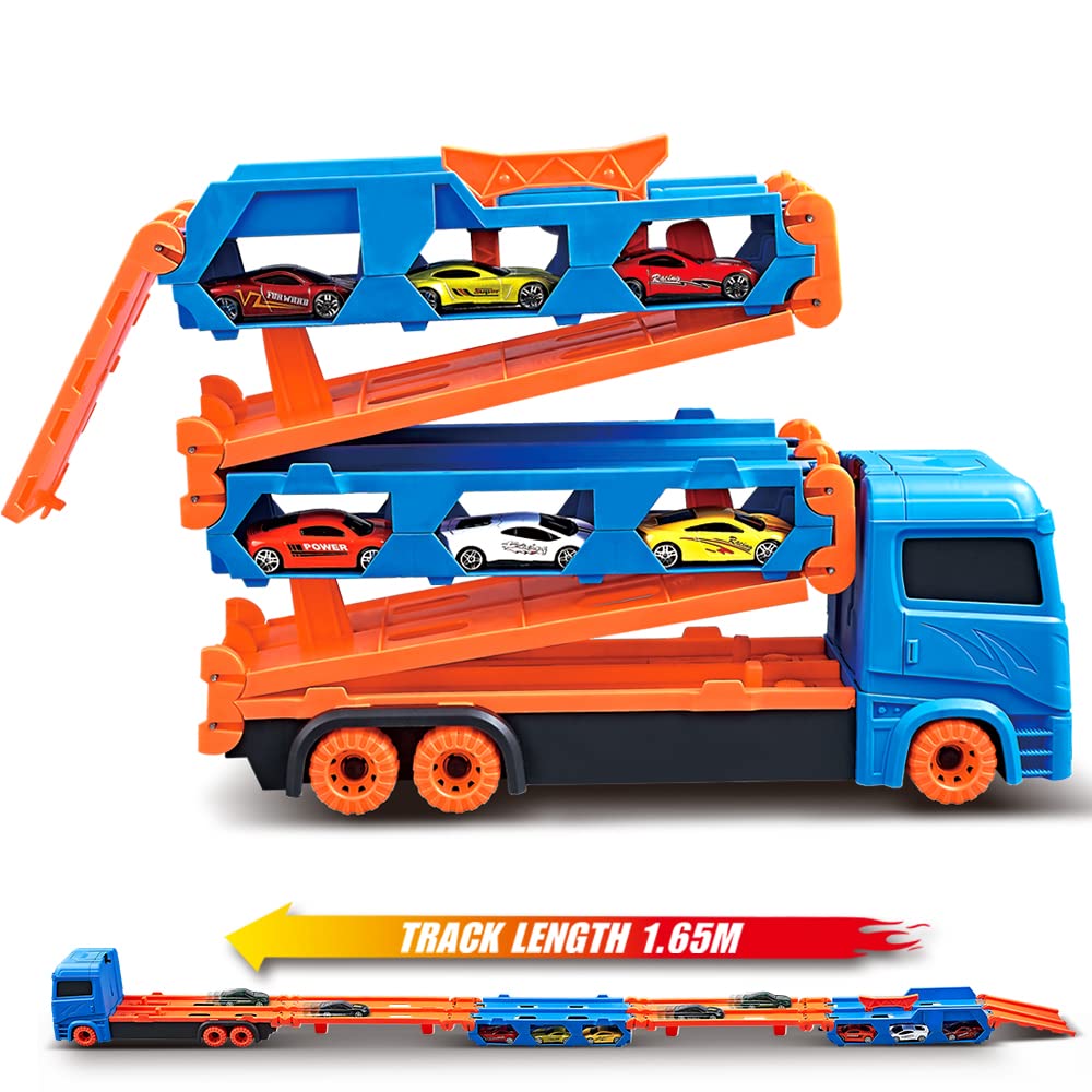 VATOS Transport Truck toy cars for boys aged 3, 4, 5, 6 years old, portable race track truck toy car with 6 race cars, transporter vehicle toy set for kids.