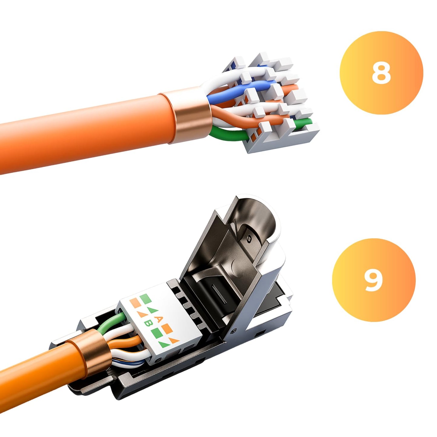 8x RJ45 plugs CAT 7 - tool-free network plugs for Ethernet, installation cables & network cables | Gigabit capable, shielded, 10 Gbit/s, gold-plated contacts.