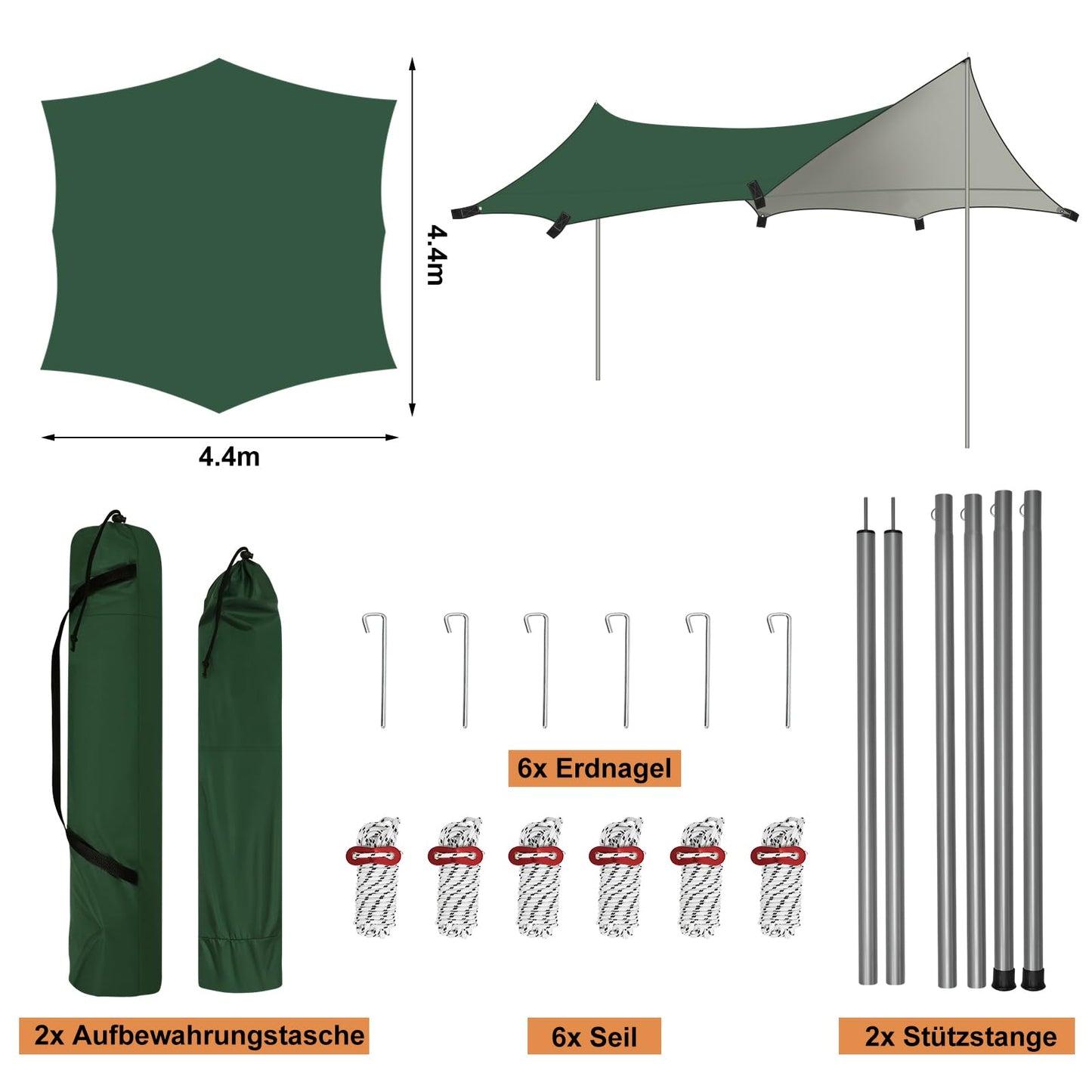WOLTU tent tarp waterproof 4.4x4.4m PU 3000mm, UV protection tarp with 2 support poles, multifunctional ultralight camping tarp sun/rain protection for picnic hiking hammock