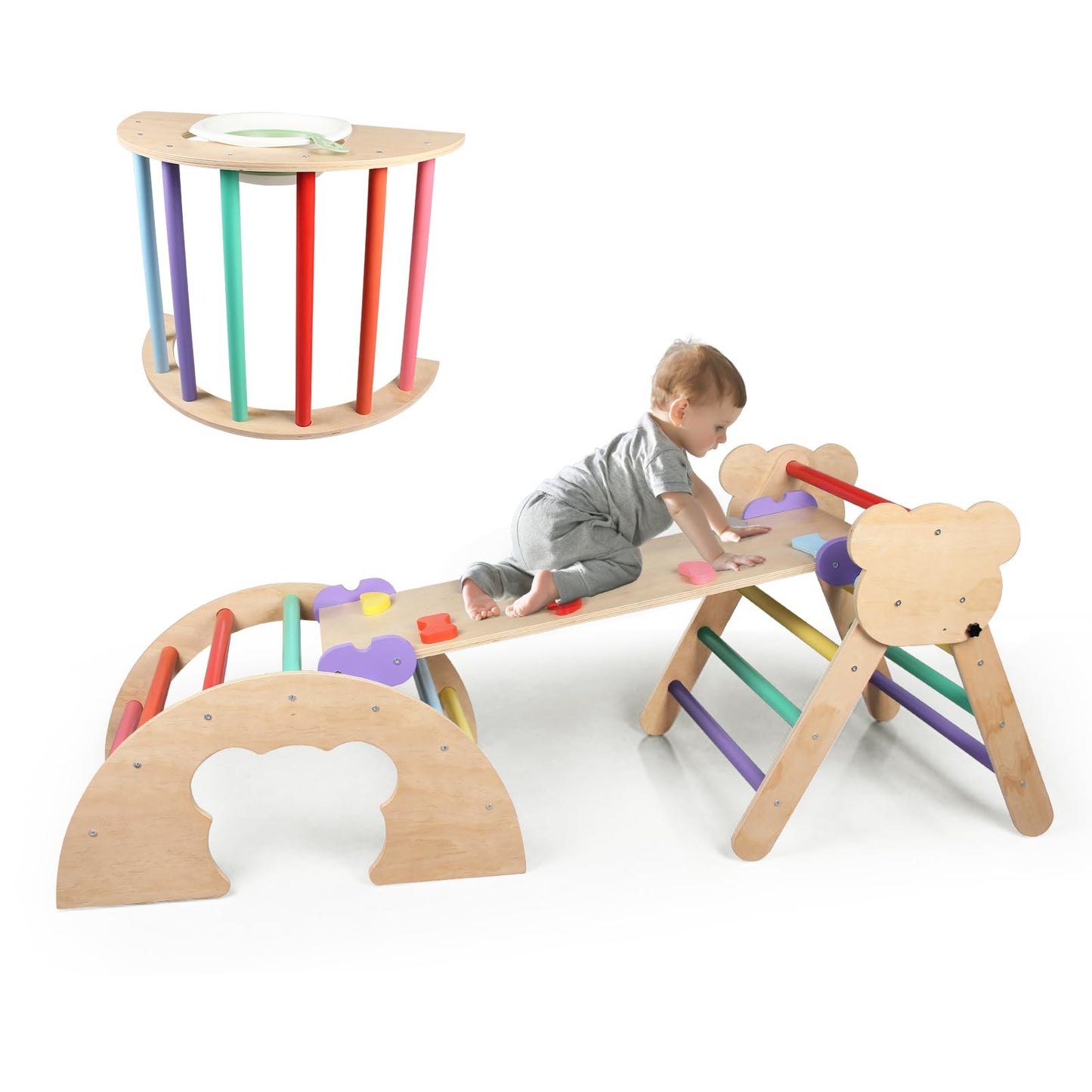 BommJokker climbing frame indoor, climbing triangle, climbing arch, climbing triangle with slide, 4 in 1 multifunctional indoor playground for children aged 3+ years (multicolored)