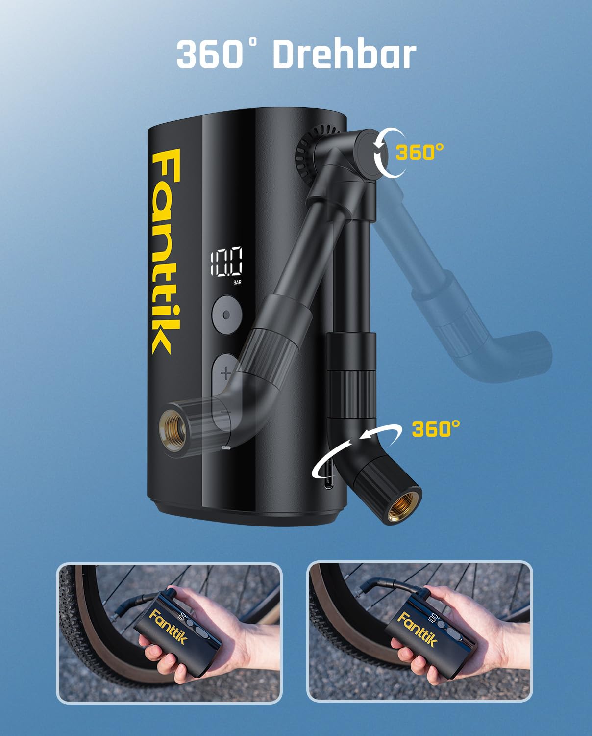 Fanttik X9 Ace Mini Bike Pump, Battery Compressor, 32s Quick-Inflatable Electric Bike Pump, 10.3BAR/150PSI Air Pump with Presta and Schrader Valve, for Road Bike, Mountain Bike, E-Bike, City Bike