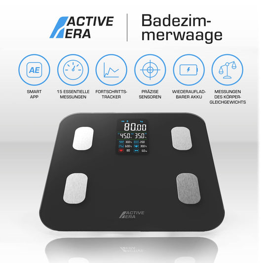 Active Era Bluetooth Body Fat Scale with large LED display - Bluetooth body fat scale with 16 measurements, highly accurate body weight, Body Mass Index (BMI), Free smartphone app (Black)