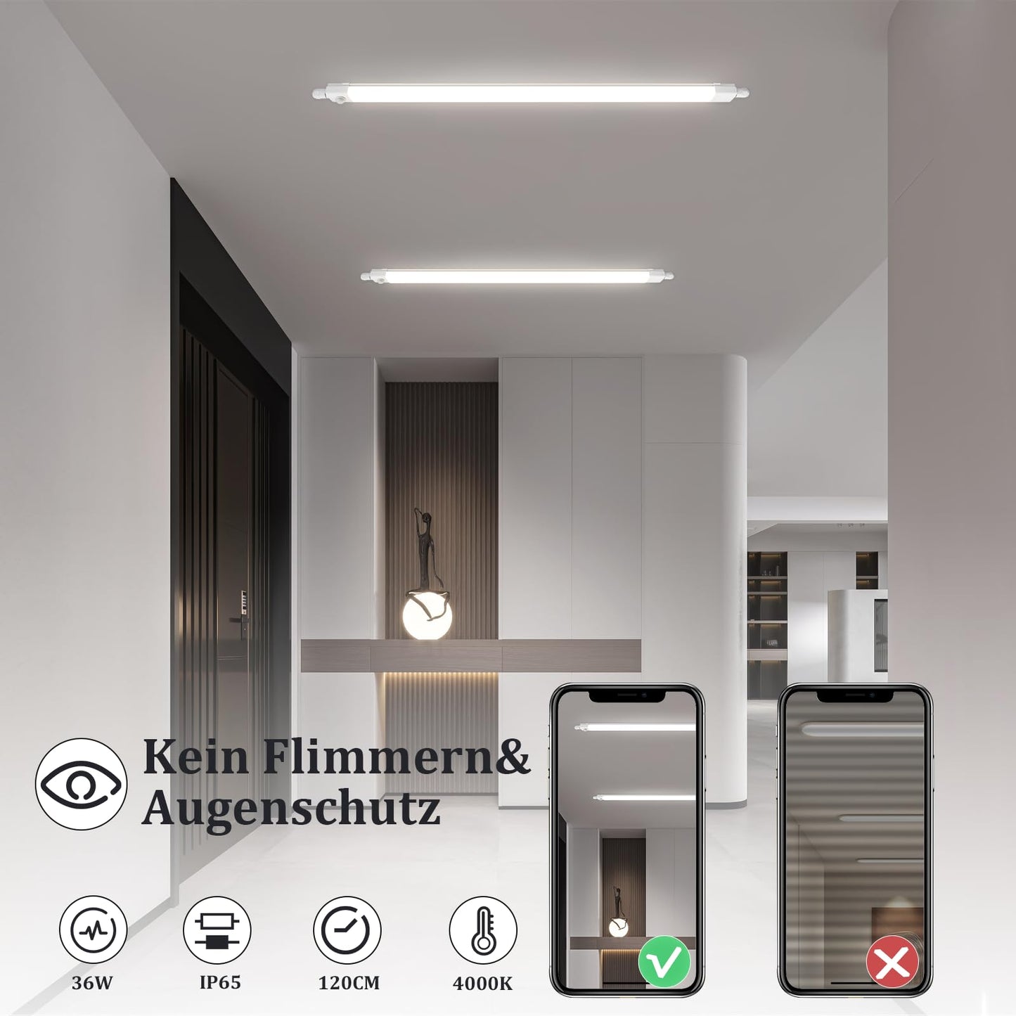 CBJKTX LED moisture-proof luminaire 120CM with motion sensor ceiling lamp - 36W bathroom lamp IP65 waterproof cellar lamp neutral white 4000K ceiling light fluorescent tube for garage workshop kitchen office