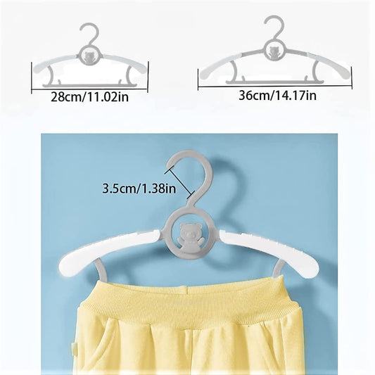 HGYZE baby clothes hangers non-slip 20 pieces, 29-37cm Extendable kids hangers with pants stand, plastic & stackable growing hangers great for onesies and children's clothing, Grey + White.
