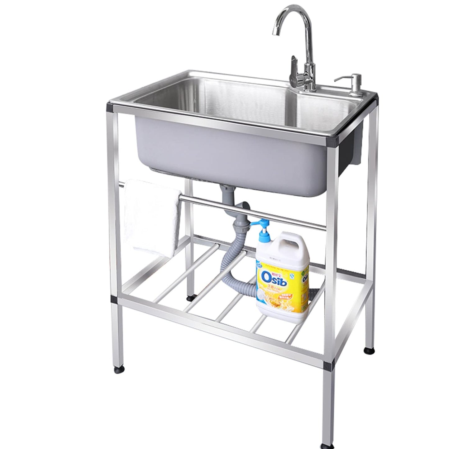 Kitchen sink stainless steel sink with stand free-standing commercial restaurant kitchen washing station hand sink with drain basket for laundry backyard garage outdoor (Color: Hot co