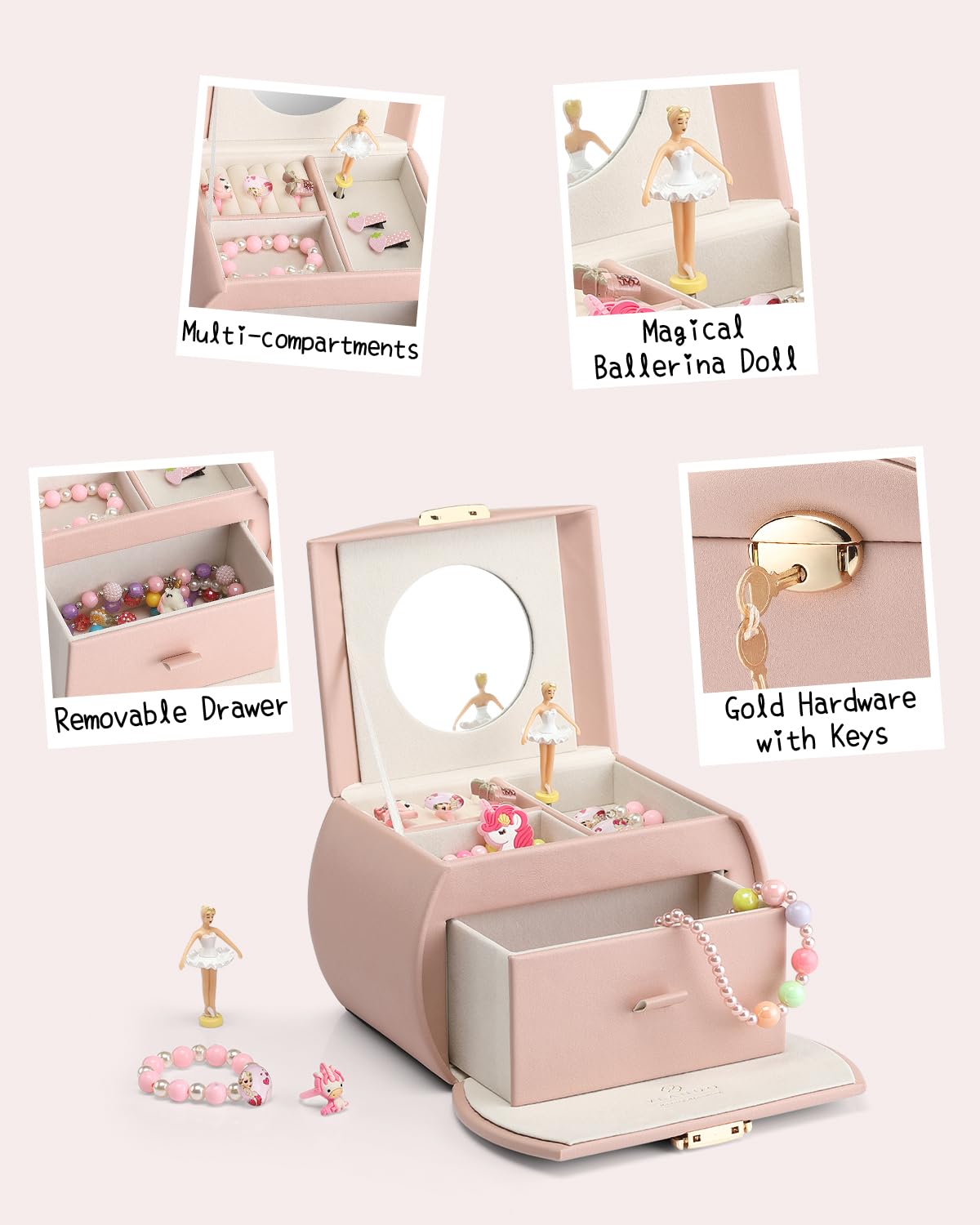 Vlando Ballerina Music Jewelry Box, Lockable Jewelry Case for Girls PU Leather with Drawers, Children's Jewelry Box, Jewelry Box with Canon Melody, Girls Gifts 6 7 8 Years