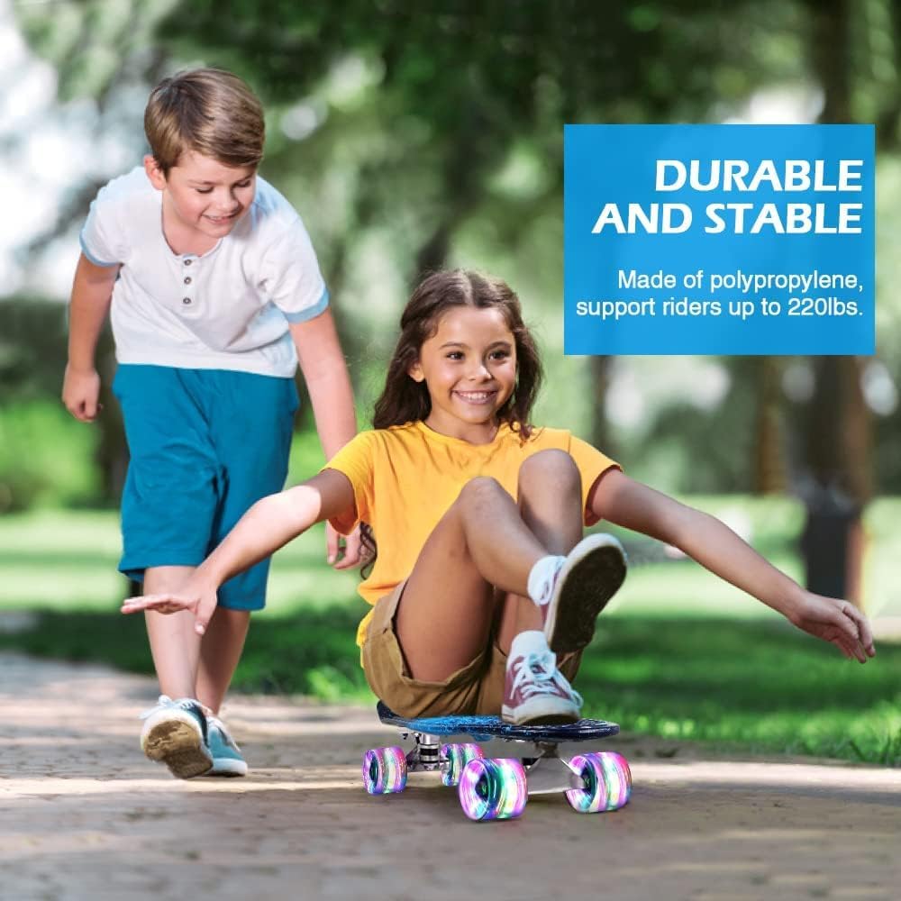 BELEEV Children's Skateboard 22 Inch with LED Light-up Wheels, Complete Mini Cruiser Skateboard for Kids Teens Adults, LED Light-up Wheels with All-in-one Skate T-Tool for Beginners