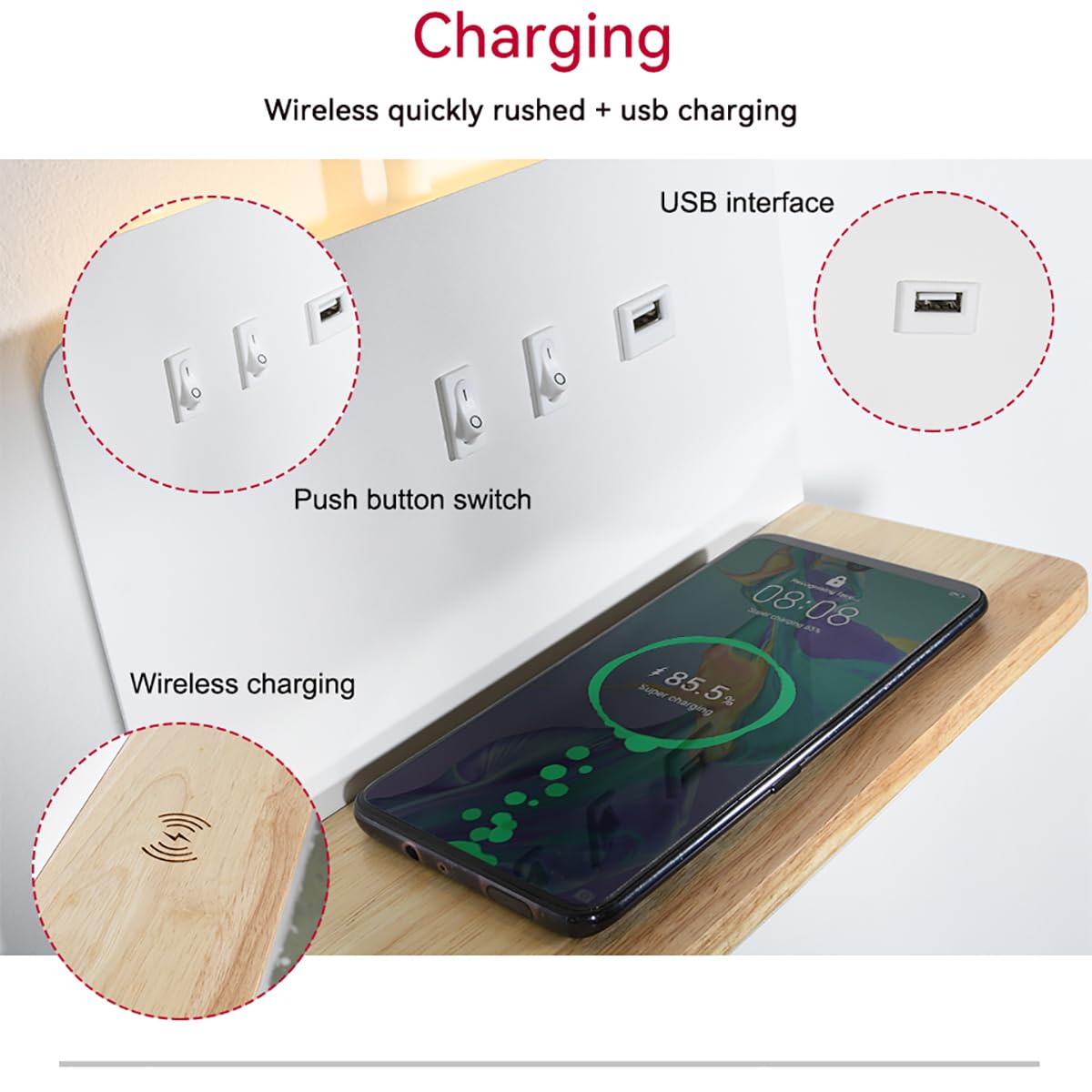 White LED indoor wall light with plug, bedroom wall lamp with USB ports and 10W wireless charger, adjustable and flexible swan-neck reading lamp, 3000K bedside lamp with backlight.