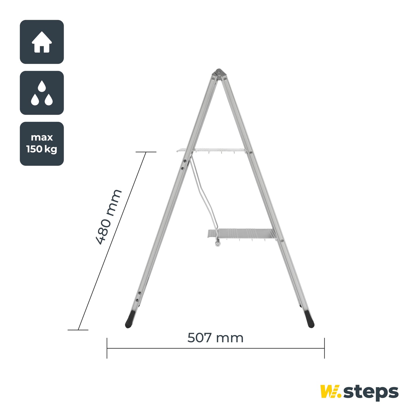 Aluminum step ladder Vikingstep Mini by W.Steps I 480mm high I Load capacity up to 150kg I Compact aluminum folding step ladder with 2 steps I Only 35mm wide I 728141