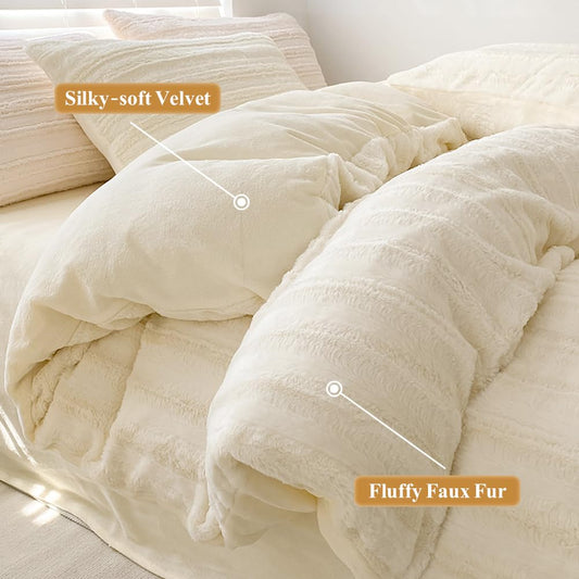 A Shanlan plush bedding set measuring 200x200, featuring a winter-warm, fluffy cashmere touch. Includes a teddy fleece duvet cover with zipper closure and 2 pillowcases measuring 80x80 cm in cream white.