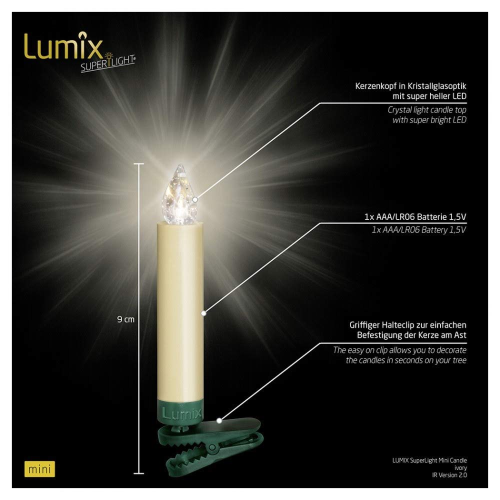 Lumix® LED wireless Christmas tree candles Superlight Mini 12-piece basic set Warm White incl. remote control 4h automatic switch-off function Ivory 9cm 75522