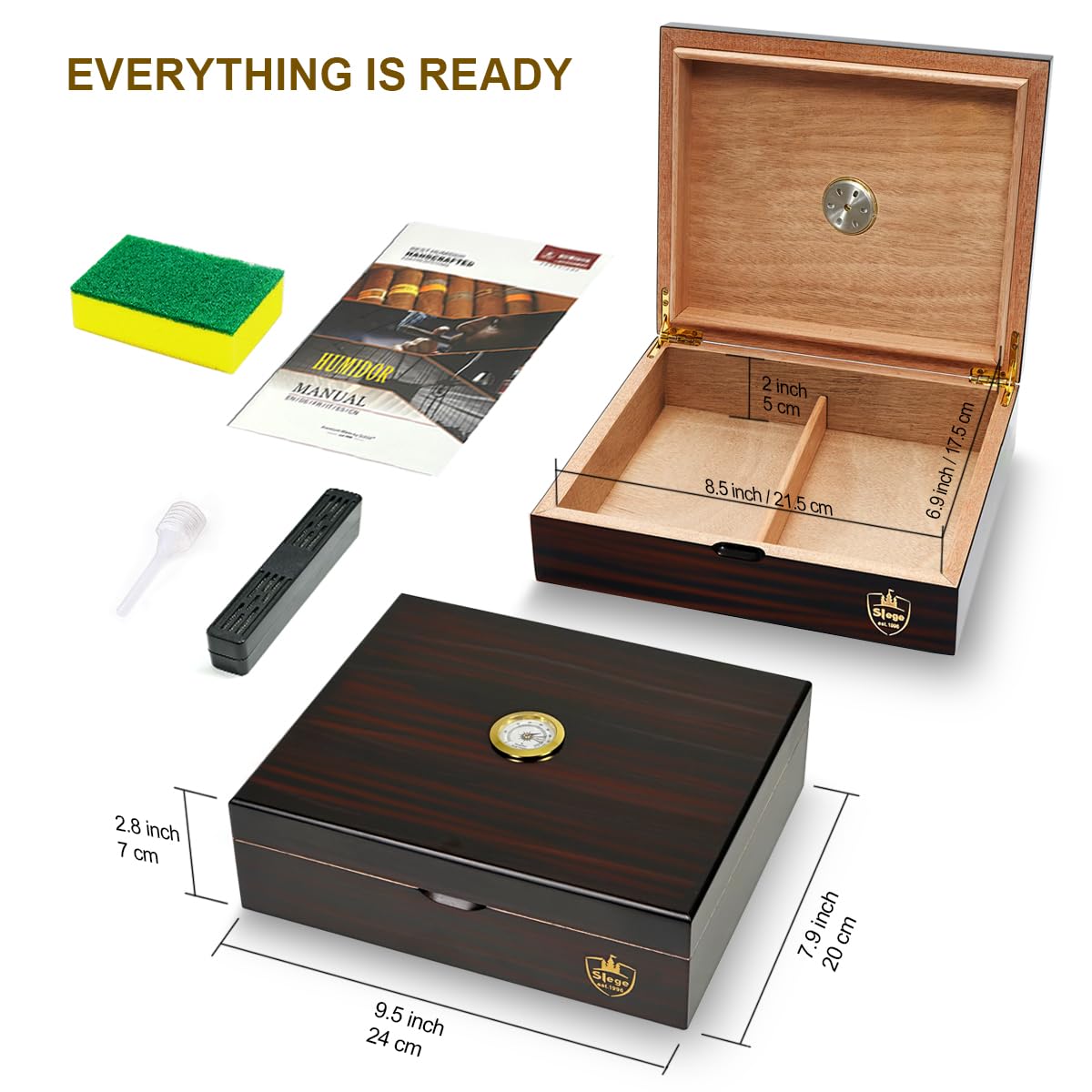 Slege Cigar Humidors, Humidor cigars, Spanish Cedar Wood Cigar Box, with Humidor humidifier, Hygrometer, Divider, single layer, Men's Gift Cigar Accessories (10-30 cigars)