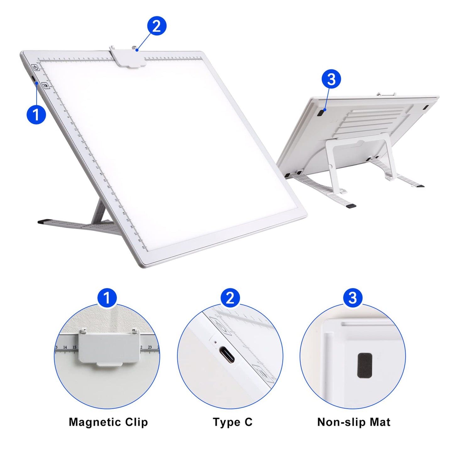 A3 light table, rechargeable LED light pad with 3 color modes and 6 brightness levels. Ideal for tracing, diamond painting, drawing, and sketching.