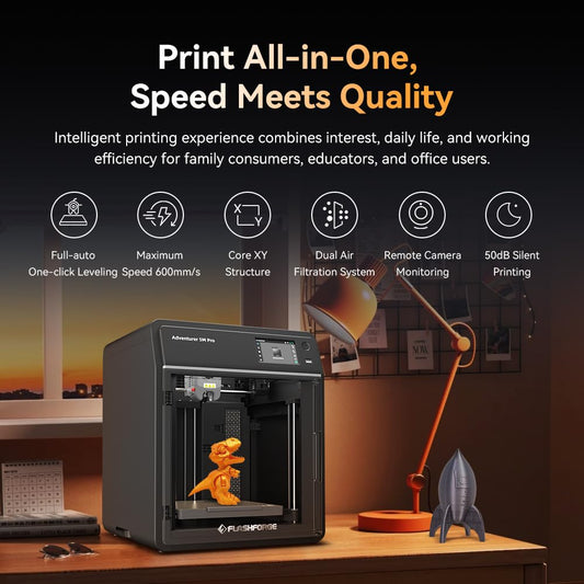 FLASHFORGE Adventurer 5M Pro 3D printer, one-click auto print up to 600mm/s high speed with 0.4/0.6mm nozzle, CoreXY structure & silent printing, APP remote control & camera monitoring.