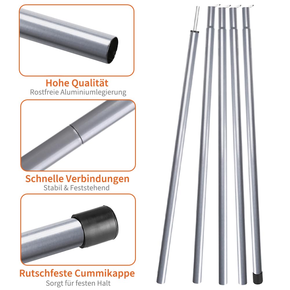 wiipara tent pole telescopic pole 2-piece set, set-up pole for tarp, tent, sunshade camping tarps adjustable up to 200cm, pole for sunshade attachment, silver