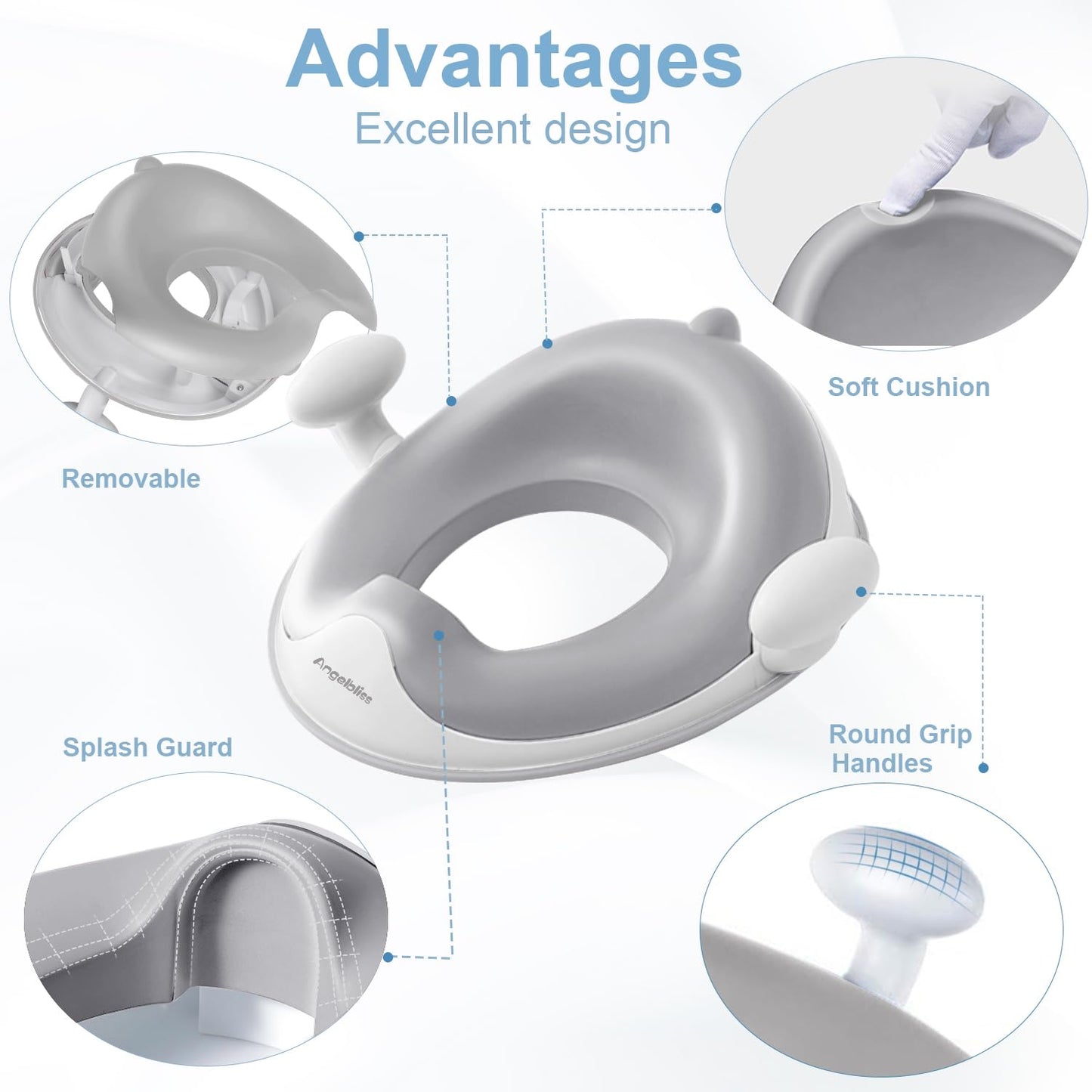 Angelbliss Kids Toilet Seat, Baby Potty Training Toilet Trainer, Children's Toilet Seat for Boys and Girls, Double Anti-Slip Padding Toilet Topper, with Handle and Splash Guard (gray)