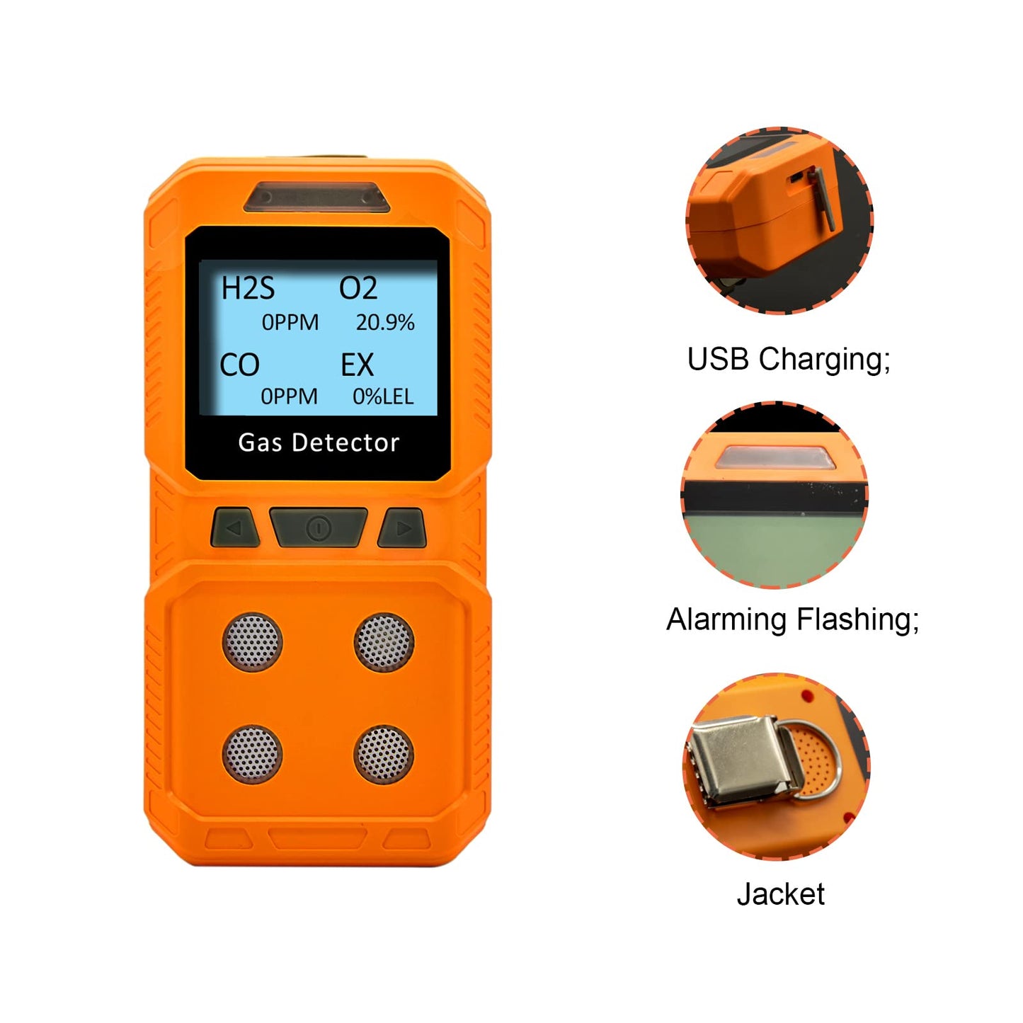 Gikaida Portable 4 Gas Monitor, H2S, O2, CO, EX Handheld Gas Detector, ready for immediate use (Orange)