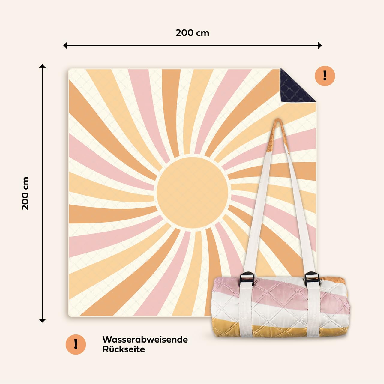 NAYA STUDIOS® Picnic Blankets (Sun) - extra large picnic blanket 200x200 cm - washable camping blanket - beach blanket XXL - waterproof picnic blanket - outdoor blanket - padded beach mat