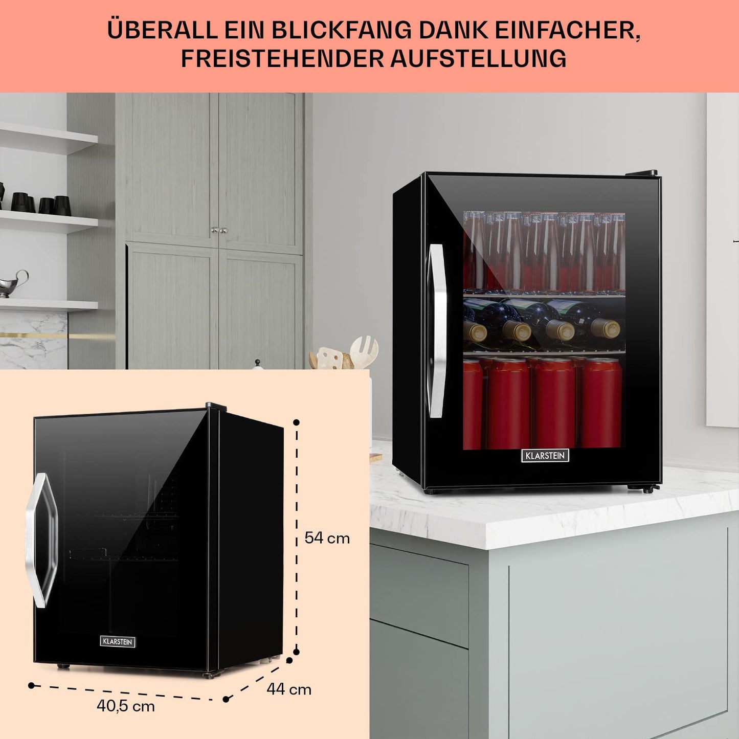 Klarstein beverage refrigerator, small fridge with 2 shelves, silent mini fridge for office camping outdoor, mini fridge with glass door, mini fridge 0-10°C, beer fridge 33L, black
