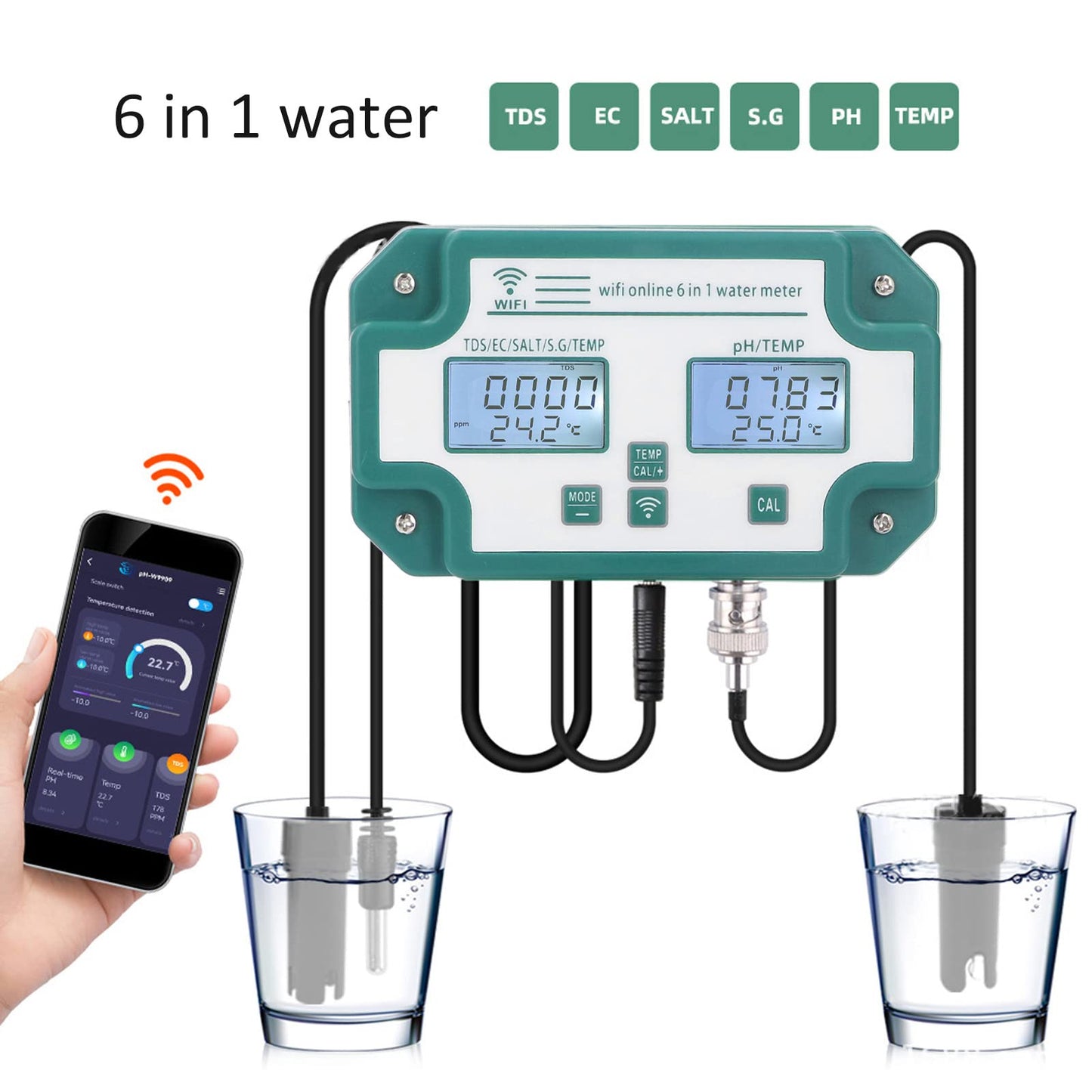 Kadimendium water quality measuring device, highly precise 6 in 1 PH TDS EC SG salt temperature tester with WiFi connection. Ideal for detecting water quality in drinking water. EU plug.